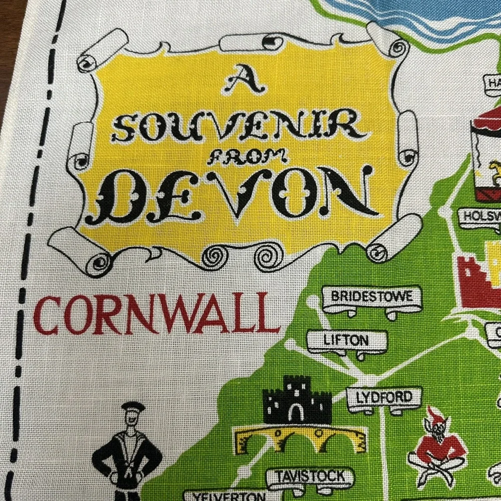 Vintage Souvenir from Devon English Map Linen Tea Towel Wall Hanging